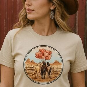 Western Valentine Horse Tee • Boho Country Graphic Shirt • Heart Balloon Desert